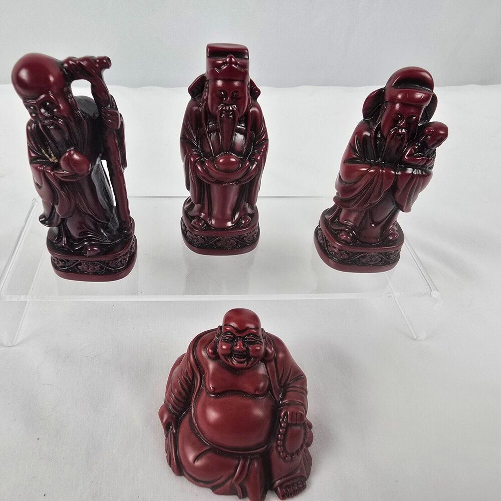 Feng Shui Sitting Buddha & 3 Wiseman Resin Red Figures Made in Taiwan 3"